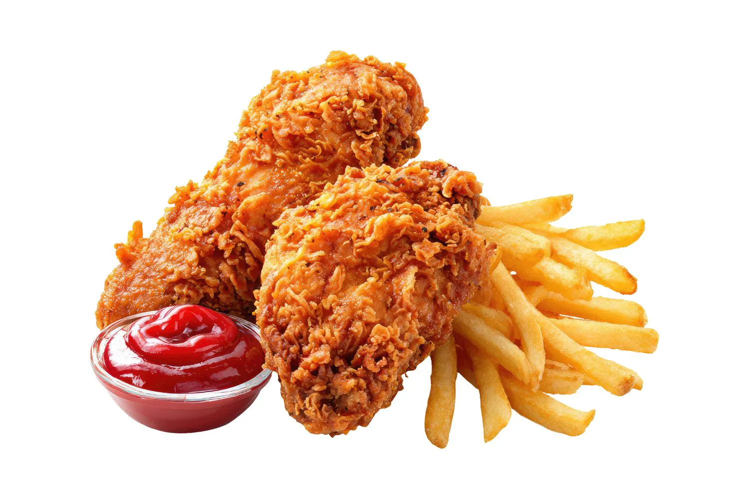 Fried chicken strips with fries and ketchup at Cluck's Good Luck, a Fast-Food Restaurant in Baltimore