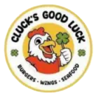 The Cluck's Good Luck restaurant logo features a chick holding a four-leaf clover.